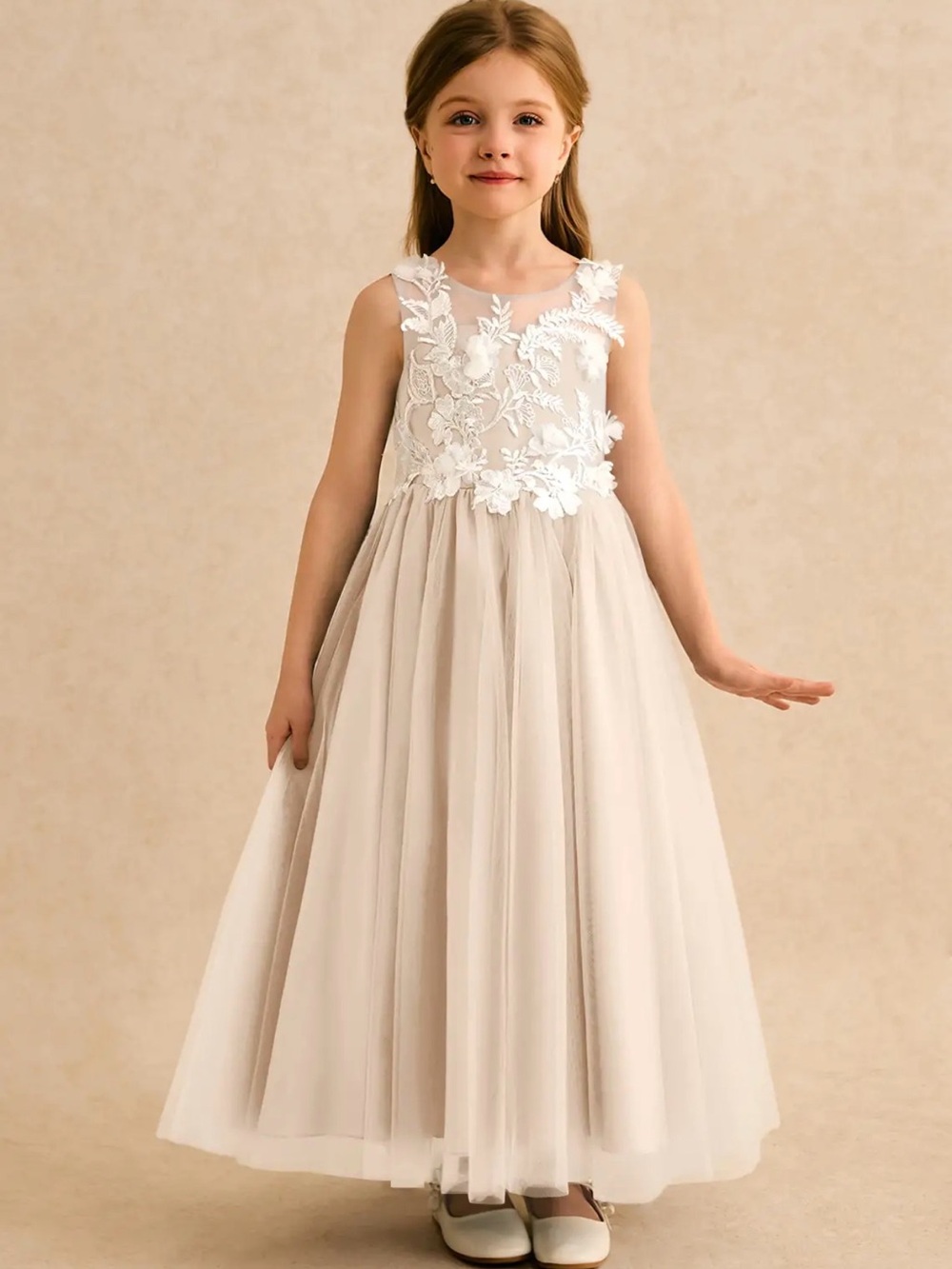 Azazie Mixie Ivory Floral Appliqué Tulle Gown for Girls
